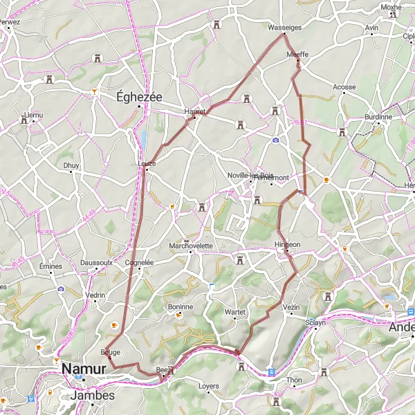 Miniature de la carte de l'inspiration cycliste "Boucle Campagnarde" dans la Prov. Namur, Belgium. Générée par le planificateur d'itinéraire cycliste Tarmacs.app