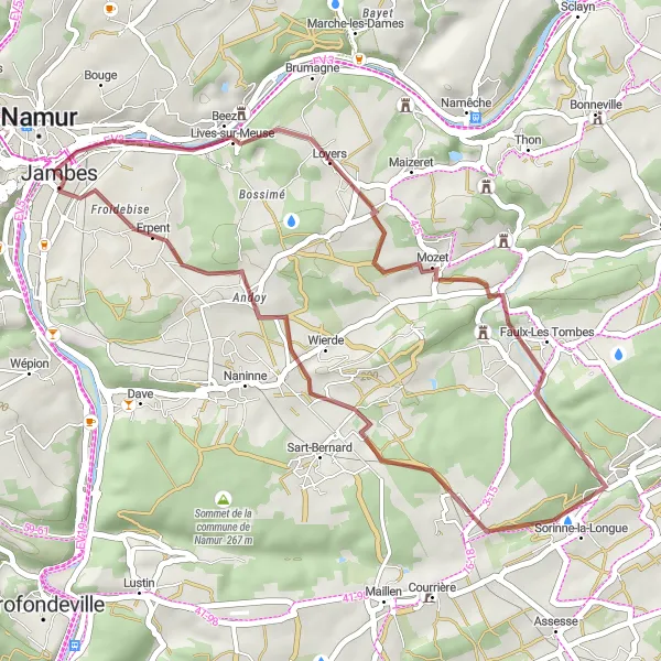 Map miniature of "Feu de Bouge and Andoy Gravel Route" cycling inspiration in Prov. Namur, Belgium. Generated by Tarmacs.app cycling route planner