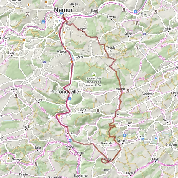 Map miniature of "Namur Gravel Adventure" cycling inspiration in Prov. Namur, Belgium. Generated by Tarmacs.app cycling route planner