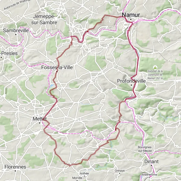 Map miniature of "Challenging Gravel Expedition to Château de Flawinne" cycling inspiration in Prov. Namur, Belgium. Generated by Tarmacs.app cycling route planner