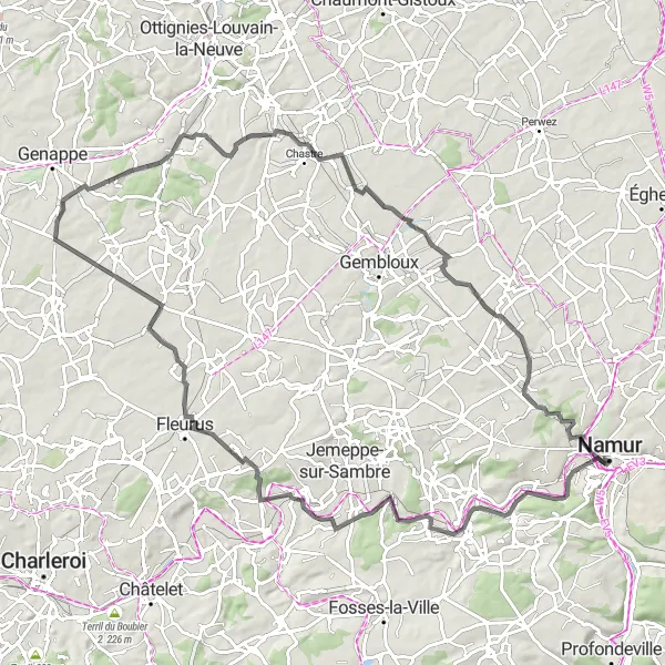 Map miniature of "Franière and Bomel Road Route" cycling inspiration in Prov. Namur, Belgium. Generated by Tarmacs.app cycling route planner