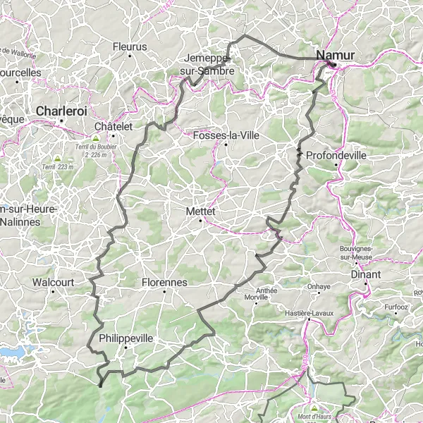 Karten-Miniaturansicht der Radinspiration "Lange Rennradtour mit beeindruckenden Sehenswürdigkeiten" in Prov. Namur, Belgium. Erstellt vom Tarmacs.app-Routenplaner für Radtouren