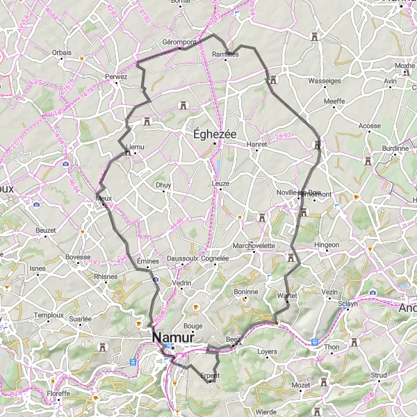 Map miniature of "Saint-Marc and Erpent Road Route" cycling inspiration in Prov. Namur, Belgium. Generated by Tarmacs.app cycling route planner