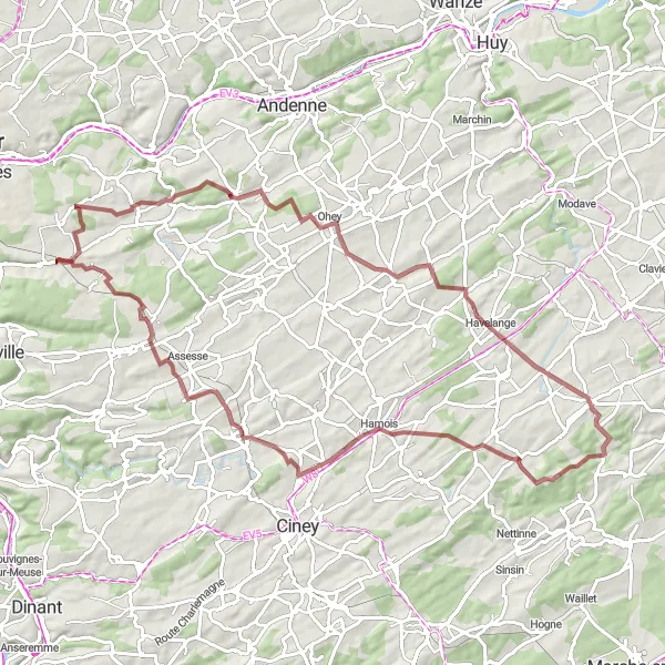 Miniatuurkaart van de fietsinspiratie "Gravelroute Haltinne - Assesse" in Prov. Namur, Belgium. Gemaakt door de Tarmacs.app fietsrouteplanner