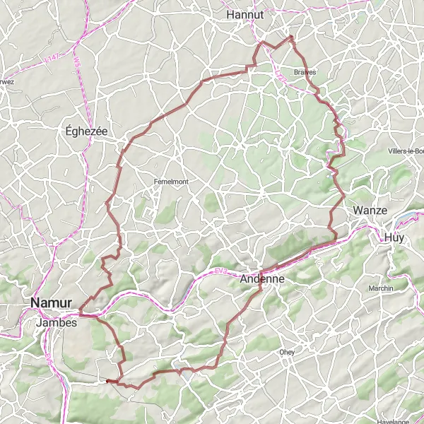 Map miniature of "Historical Gravel Journey" cycling inspiration in Prov. Namur, Belgium. Generated by Tarmacs.app cycling route planner