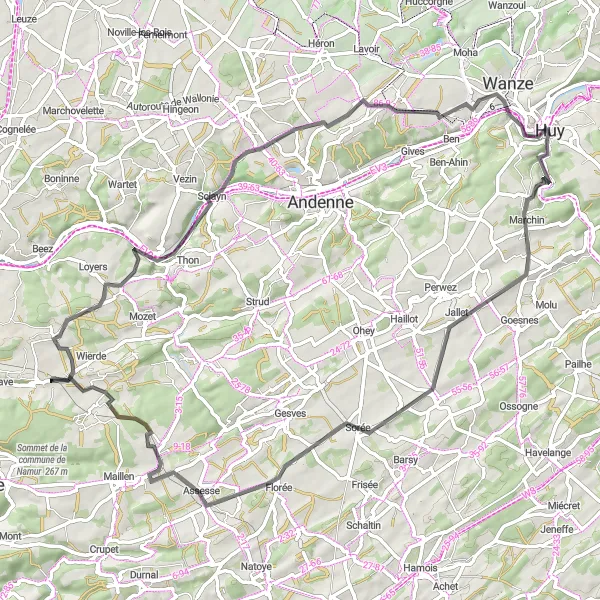 Map miniature of "Hilly Road Adventure" cycling inspiration in Prov. Namur, Belgium. Generated by Tarmacs.app cycling route planner