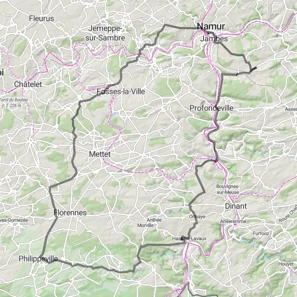 Map miniature of "The Road to Namur" cycling inspiration in Prov. Namur, Belgium. Generated by Tarmacs.app cycling route planner