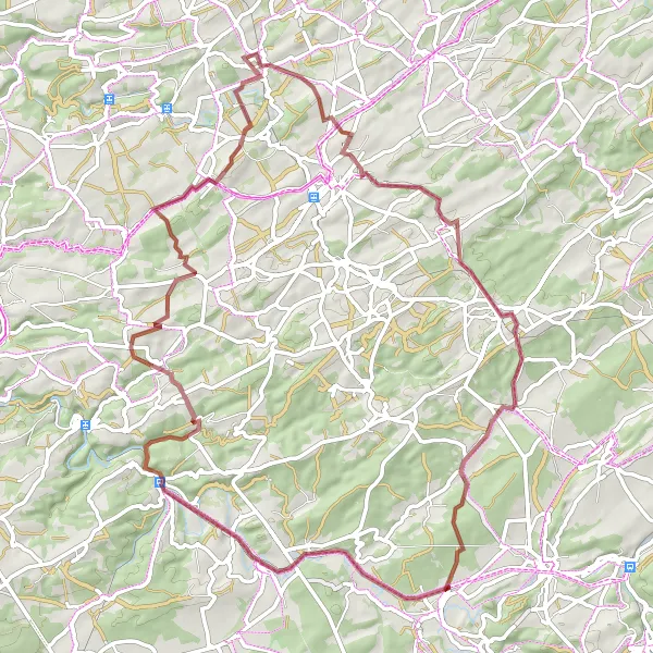Map miniature of "Natoye to Buissonville Gravel Route" cycling inspiration in Prov. Namur, Belgium. Generated by Tarmacs.app cycling route planner