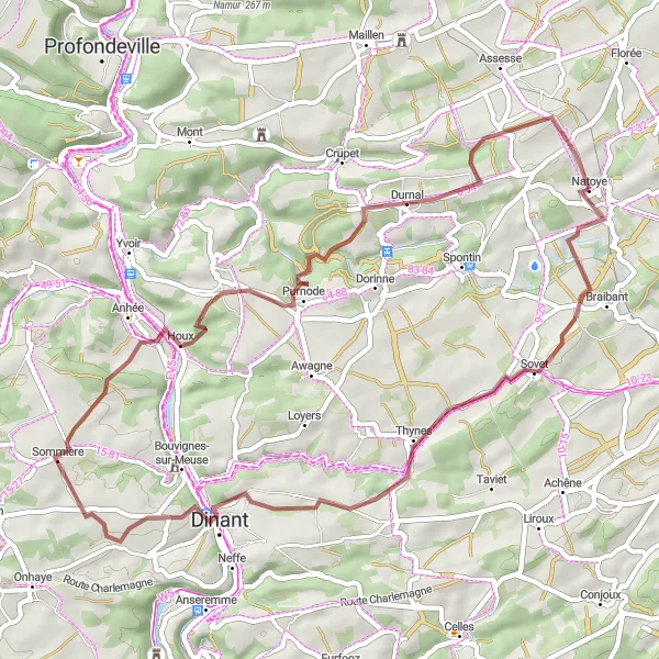 Miniatuurkaart van de fietsinspiratie "Gravelroute door Gemenne" in Prov. Namur, Belgium. Gemaakt door de Tarmacs.app fietsrouteplanner