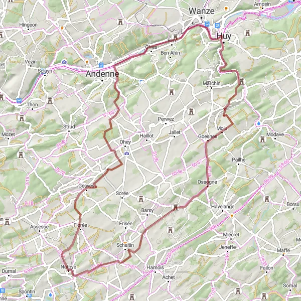 Map miniature of "Natoye to Huy Gravel Route" cycling inspiration in Prov. Namur, Belgium. Generated by Tarmacs.app cycling route planner