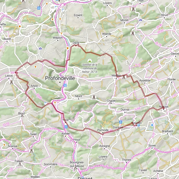 Miniatuurkaart van de fietsinspiratie "Gravelroute rond Natoye" in Prov. Namur, Belgium. Gemaakt door de Tarmacs.app fietsrouteplanner