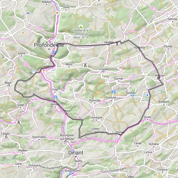 Map miniature of "Hills and Valleys" cycling inspiration in Prov. Namur, Belgium. Generated by Tarmacs.app cycling route planner
