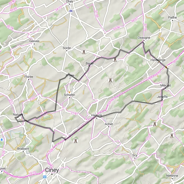 Miniature de la carte de l'inspiration cycliste "Boucle des Barsy" dans la Prov. Namur, Belgium. Générée par le planificateur d'itinéraire cycliste Tarmacs.app