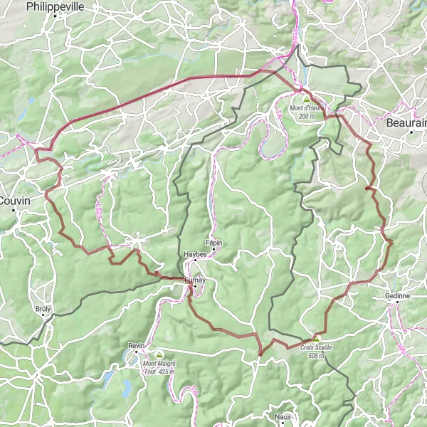 Miniatuurkaart van de fietsinspiratie "Avontuurlijke Gravelroute van Petigny naar Regniessart" in Prov. Namur, Belgium. Gemaakt door de Tarmacs.app fietsrouteplanner