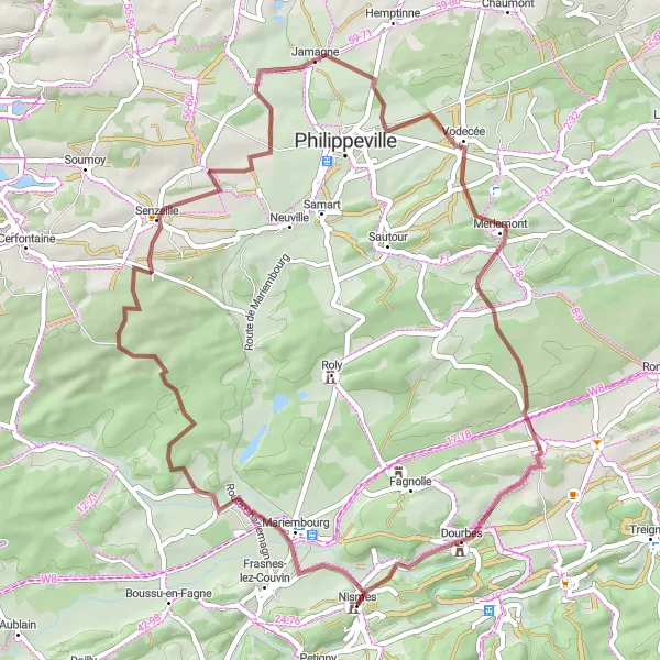 Miniatuurkaart van de fietsinspiratie "Graveltocht van Nismes naar Matagne-la-Grande" in Prov. Namur, Belgium. Gemaakt door de Tarmacs.app fietsrouteplanner