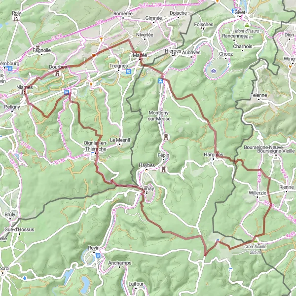 Karten-Miniaturansicht der Radinspiration "Gravelabenteuer in den Ardennen" in Prov. Namur, Belgium. Erstellt vom Tarmacs.app-Routenplaner für Radtouren