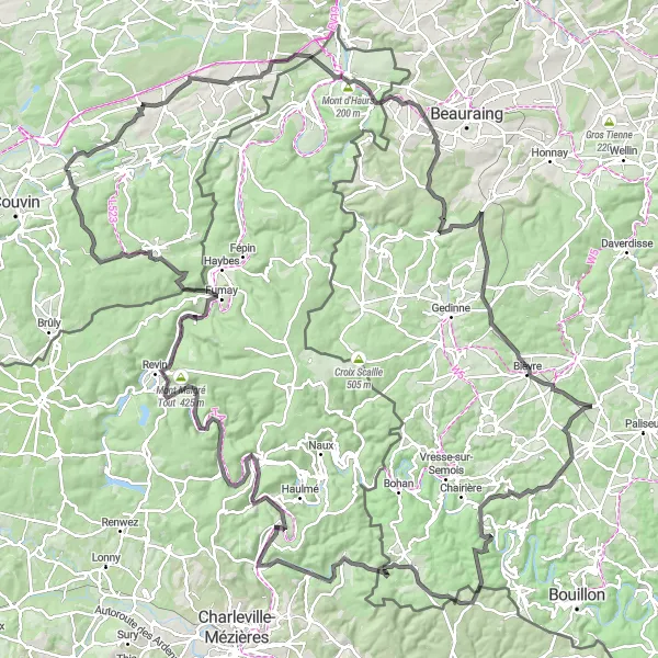 Miniatuurkaart van de fietsinspiratie "Uitdagende Wielrenroute van Nismes naar Oignies-en-Thiérache" in Prov. Namur, Belgium. Gemaakt door de Tarmacs.app fietsrouteplanner