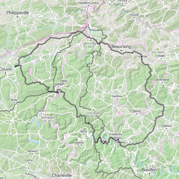 Miniature de la carte de l'inspiration cycliste "Les Montagnes Ardennaises" dans la Prov. Namur, Belgium. Générée par le planificateur d'itinéraire cycliste Tarmacs.app