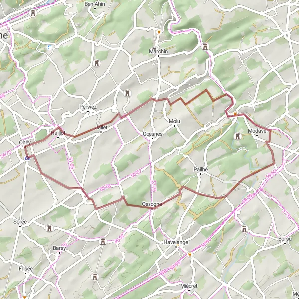 Miniature de la carte de l'inspiration cycliste "Parcours Gravel autour de Ohey" dans la Prov. Namur, Belgium. Générée par le planificateur d'itinéraire cycliste Tarmacs.app