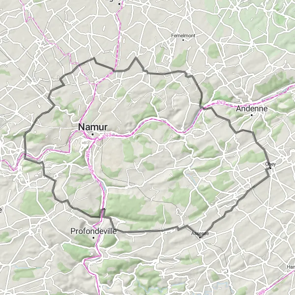 Map miniature of "Assesse and Tailfer: Cycling through Natural and Cultural Marvels" cycling inspiration in Prov. Namur, Belgium. Generated by Tarmacs.app cycling route planner