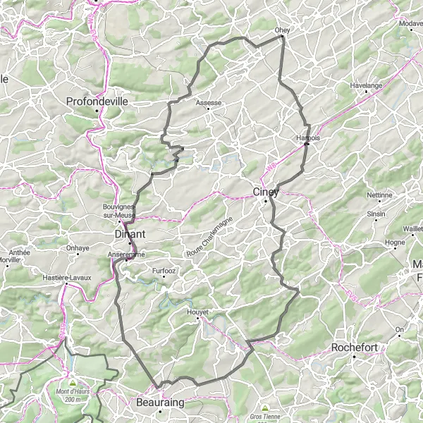 Map miniature of "Leignon and Crupet Road Adventure" cycling inspiration in Prov. Namur, Belgium. Generated by Tarmacs.app cycling route planner