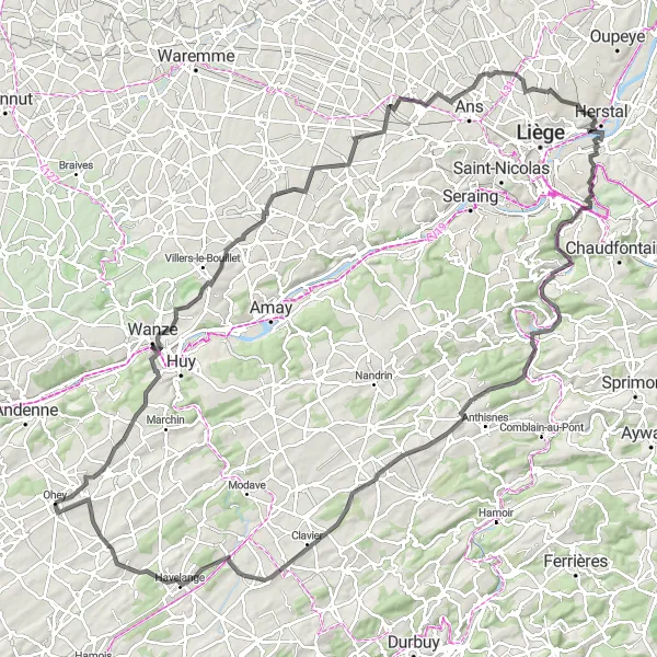 Map miniature of "Château d'Ahin and Point de Vue sur la Vallée de l'Ourthe" cycling inspiration in Prov. Namur, Belgium. Generated by Tarmacs.app cycling route planner