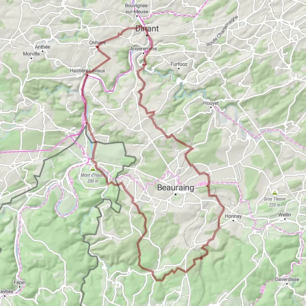 Map miniature of "The Gravel Escape" cycling inspiration in Prov. Namur, Belgium. Generated by Tarmacs.app cycling route planner