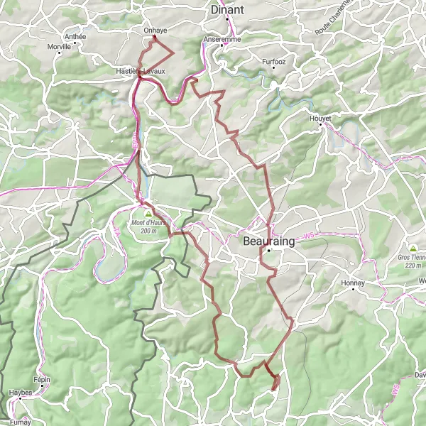 Map miniature of "Hidden Gems Gravel Ride" cycling inspiration in Prov. Namur, Belgium. Generated by Tarmacs.app cycling route planner