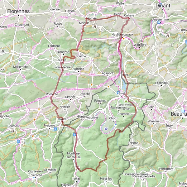 Karten-Miniaturansicht der Radinspiration "Gravelroute von Onhaye nach Mont d'Haurs" in Prov. Namur, Belgium. Erstellt vom Tarmacs.app-Routenplaner für Radtouren