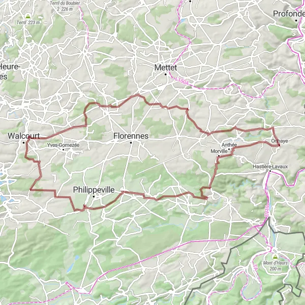 Miniatuurkaart van de fietsinspiratie "Gravelroute rond Onhaye" in Prov. Namur, Belgium. Gemaakt door de Tarmacs.app fietsrouteplanner