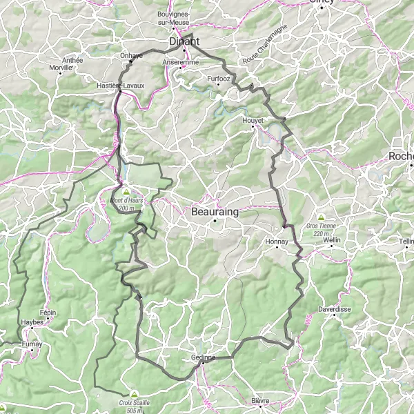 Miniatuurkaart van de fietsinspiratie "Uitdagende route vanuit Onhaye" in Prov. Namur, Belgium. Gemaakt door de Tarmacs.app fietsrouteplanner