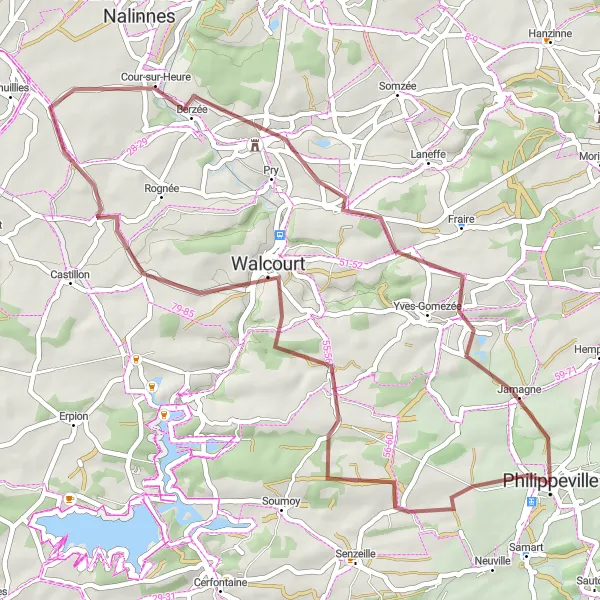 Miniature de la carte de l'inspiration cycliste "La boucle de Philippeville gravel" dans la Prov. Namur, Belgium. Générée par le planificateur d'itinéraire cycliste Tarmacs.app