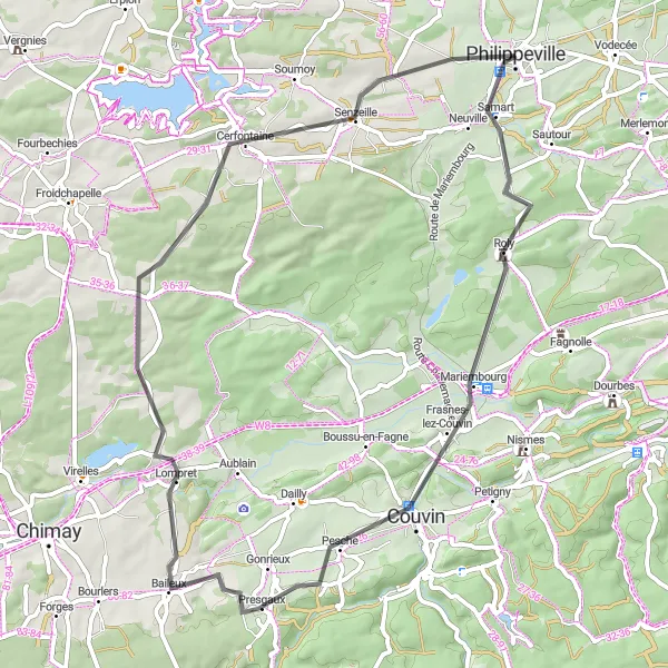 Miniatuurkaart van de fietsinspiratie "Wegroute van Philippeville naar Mariembourg en terug" in Prov. Namur, Belgium. Gemaakt door de Tarmacs.app fietsrouteplanner