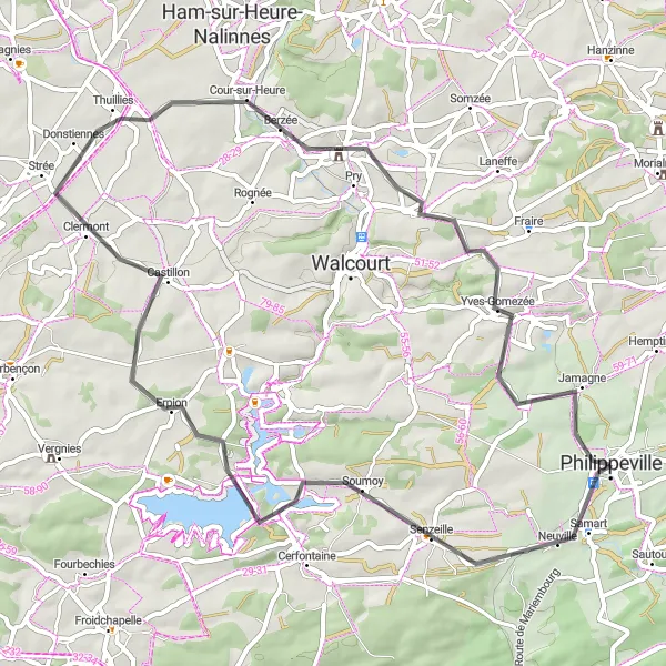 Miniatuurkaart van de fietsinspiratie "Ontdek de charme van Castillon en Thy-le-Château op deze wegfietsroute" in Prov. Namur, Belgium. Gemaakt door de Tarmacs.app fietsrouteplanner