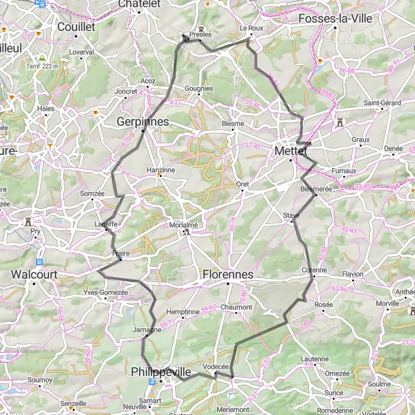 Miniatuurkaart van de fietsinspiratie "Wegroute van Philippeville naar Jamagne en terug" in Prov. Namur, Belgium. Gemaakt door de Tarmacs.app fietsrouteplanner