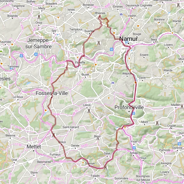 Map miniature of "Scenic Gravel Tour to Fosses-la-Ville" cycling inspiration in Prov. Namur, Belgium. Generated by Tarmacs.app cycling route planner