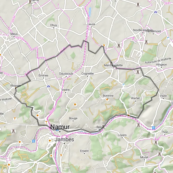 Map miniature of "Rhisnes Road Challenge" cycling inspiration in Prov. Namur, Belgium. Generated by Tarmacs.app cycling route planner