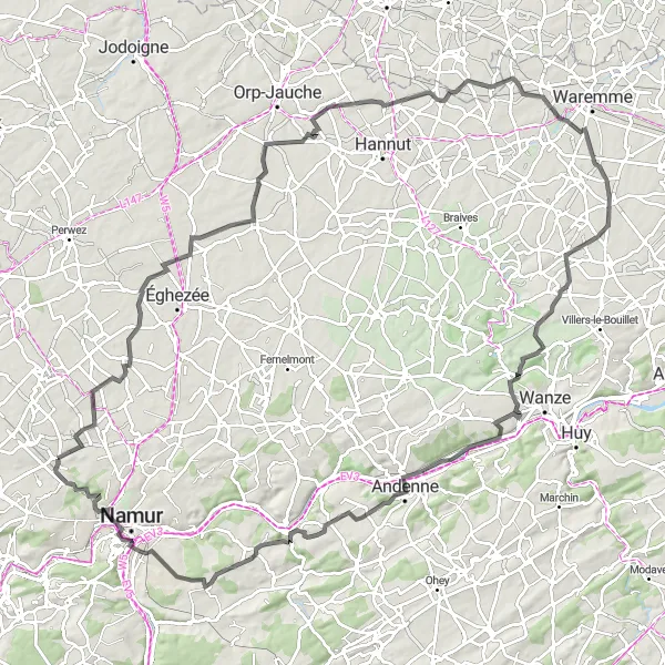 Map miniature of "Historical Route to Andenne" cycling inspiration in Prov. Namur, Belgium. Generated by Tarmacs.app cycling route planner