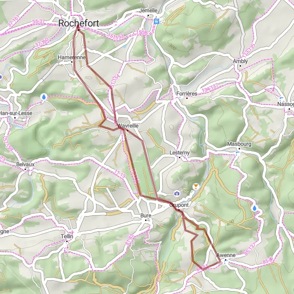 Miniatuurkaart van de fietsinspiratie "Korte graveltocht vanuit Rochefort naar Château comtal de Rochefort" in Prov. Namur, Belgium. Gemaakt door de Tarmacs.app fietsrouteplanner