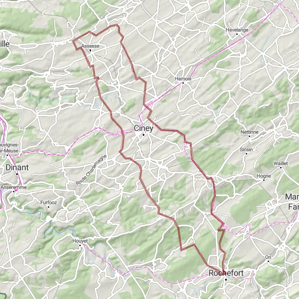 Map miniature of "Rochefort - Chevetogne - Assesse - Florée - Buissonville" cycling inspiration in Prov. Namur, Belgium. Generated by Tarmacs.app cycling route planner