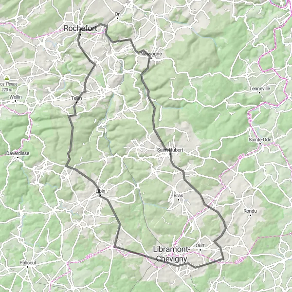 Map miniature of "From Rochefort to Nassogne and back" cycling inspiration in Prov. Namur, Belgium. Generated by Tarmacs.app cycling route planner