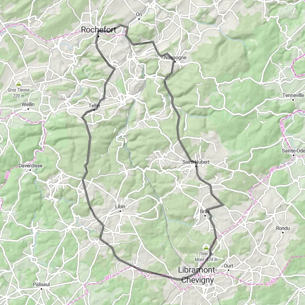 Map miniature of "Rochefort - Jemelle - Nassogne - Saint-Hubert - Libramont-Chevigny - Transinne - Tellin - Hamerenne" cycling inspiration in Prov. Namur, Belgium. Generated by Tarmacs.app cycling route planner