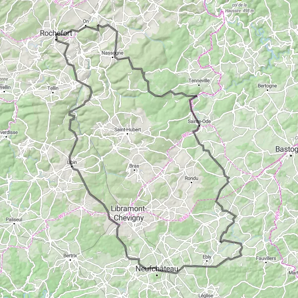 Map miniature of "Rochefort Nassogne Loop" cycling inspiration in Prov. Namur, Belgium. Generated by Tarmacs.app cycling route planner