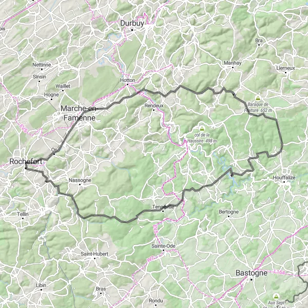 Miniature de la carte de l'inspiration cycliste "Les collines de la Famenne" dans la Prov. Namur, Belgium. Générée par le planificateur d'itinéraire cycliste Tarmacs.app