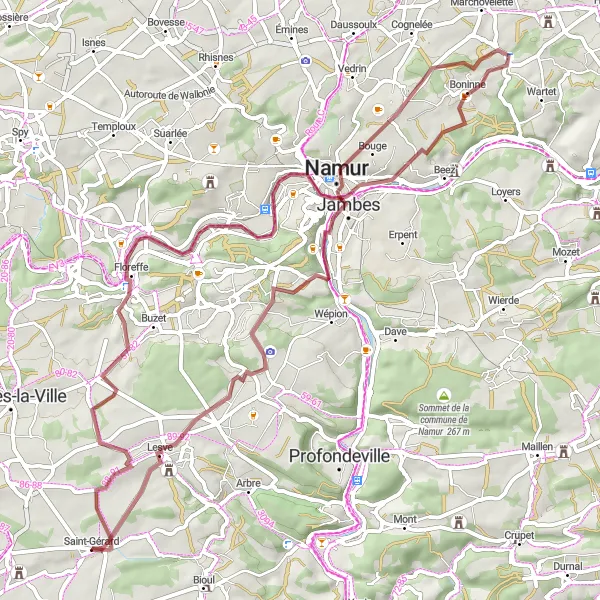 Karten-Miniaturansicht der Radinspiration "Gravel-Tour rund um Saint-Gérard" in Prov. Namur, Belgium. Erstellt vom Tarmacs.app-Routenplaner für Radtouren