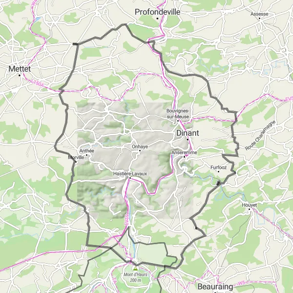 Miniatuurkaart van de fietsinspiratie "Uitdagende tocht door de regio" in Prov. Namur, Belgium. Gemaakt door de Tarmacs.app fietsrouteplanner