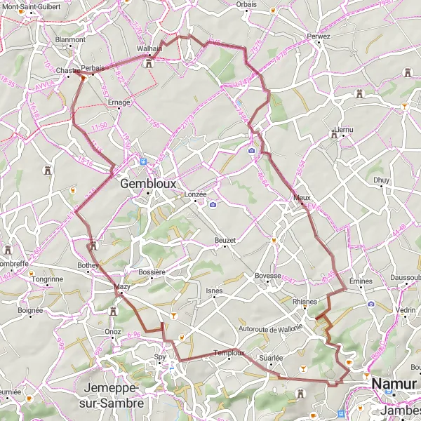 Miniatuurkaart van de fietsinspiratie "Gravelroute vanuit Saint-Servais naar Rhisnes" in Prov. Namur, Belgium. Gemaakt door de Tarmacs.app fietsrouteplanner