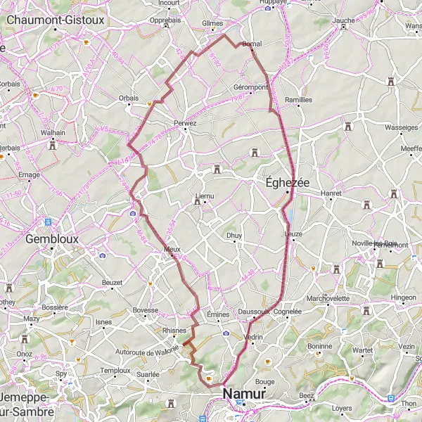 Miniatuurkaart van de fietsinspiratie "Rondrit vanuit Saint-Servais via Meux en Éghezée" in Prov. Namur, Belgium. Gemaakt door de Tarmacs.app fietsrouteplanner