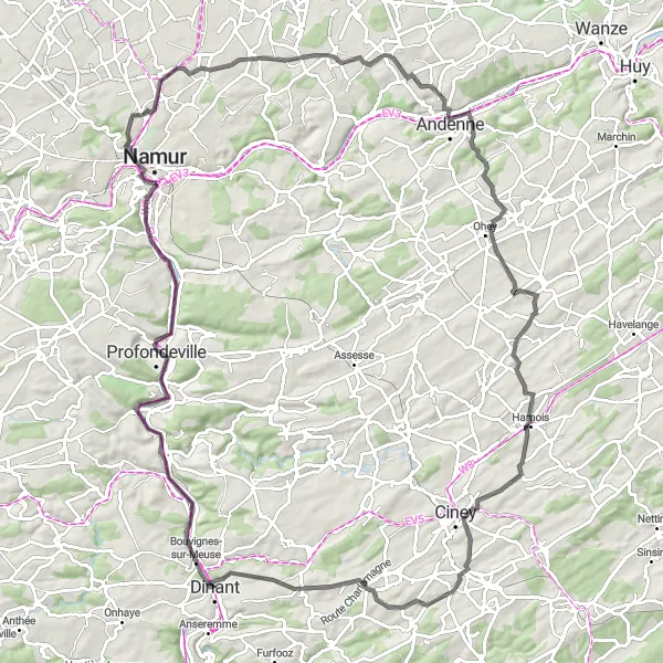 Miniatuurkaart van de fietsinspiratie "Uitdagende rit vanuit Saint-Servais naar La Plante" in Prov. Namur, Belgium. Gemaakt door de Tarmacs.app fietsrouteplanner