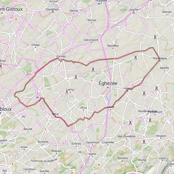 Miniature de la carte de l'inspiration cycliste "Les Chemins de Campagne en Gravier" dans la Prov. Namur, Belgium. Générée par le planificateur d'itinéraire cycliste Tarmacs.app